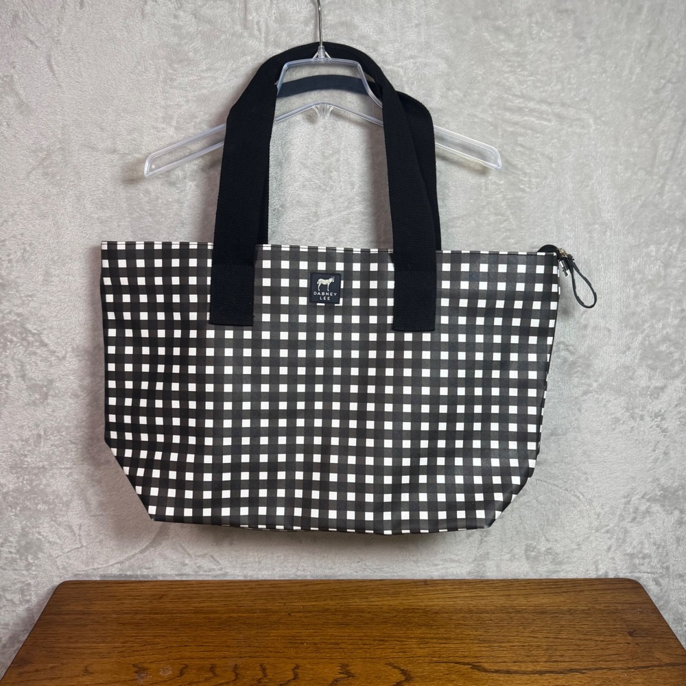 Dabney Lee Black White Gingham Checkered Zip Top Large Tote Bag Travel